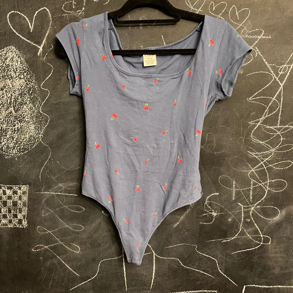 PINK blue body suit with cherries